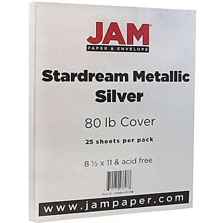 JAM Paper® Color Multi-Use Card Stock, Silver Stardream Metallic, Letter (8.5" x 11"), 80 Lb, Pack Of 25
