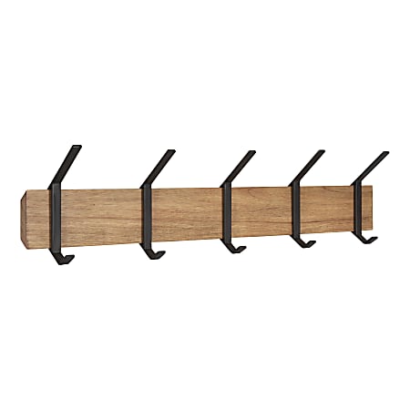 Kate and Laurel Rossmore Wood And Metal 5-Hook Shelf, 4-3/8”H x 29-15/16”W x 7-1/4”D, Rustic Brown/Black