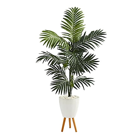 Nearly Natural Kentia Palm 69”H Artificial Tree With Stand Planter, 69”H x 45”W x 45”D, Green/White