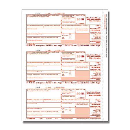 ComplyRight 5498-SA Inkjet/Laser Tax Forms For 2016, Federal Copy A, 8 1/2" x 11", Pack Of 50 Forms