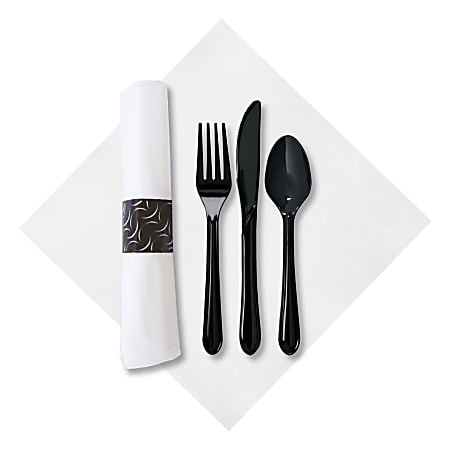 CaterWrap Pre-Rolled Cutlery, Crescent FashnPoint Napkin, Black/White, Case Of 100 Rolls