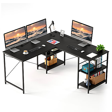 Bestier L-Shaped Corner Computer Desk With Storage Shelf, 3 Cable Holes, 60"W, Grained Black