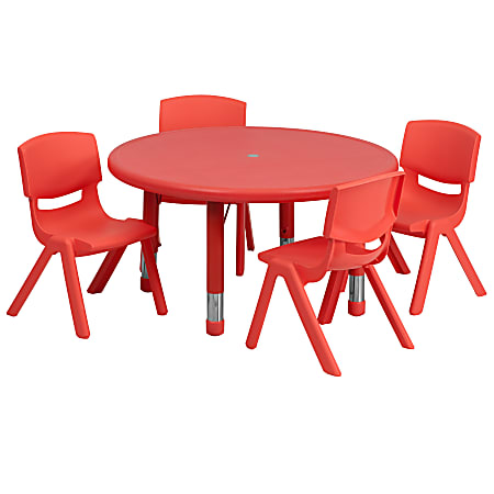 Flash Furniture Round Plastic Height-Adjustable Activity Table Set With 4 Chairs, 23-3/4" x 33", Red