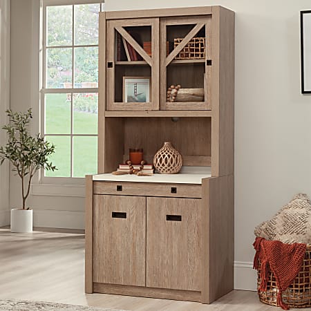 Sauder® Dixon City 72"H Contemporary Country Storage Workstation With Glass Door Hutch, Brushed Oak/Pebble White