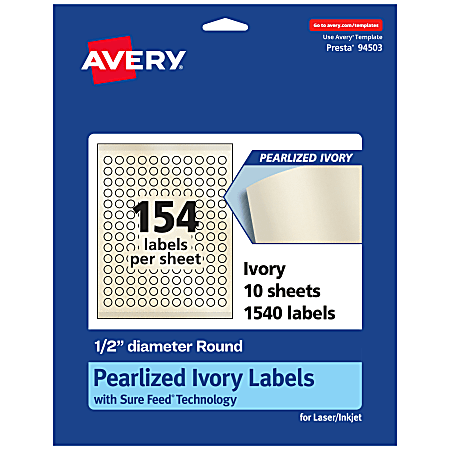 Avery® Pearlized Permanent Labels With Sure Feed®, 94503-PIP10, Round, 1/2" Diameter, Ivory, Pack Of 1,540 Labels