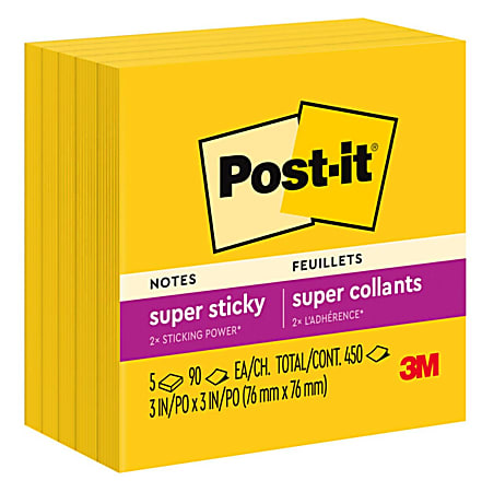 Post-it Super Sticky Notes, 3" x 3", Electric Yellow, Pack Of 5 Pads