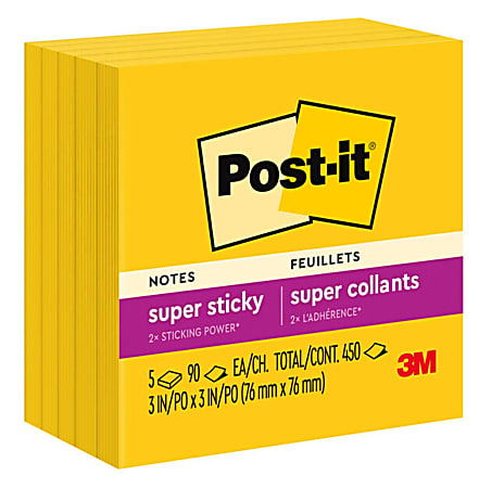Post-it® Super Sticky Notes, 3" x 3", Electric Yellow, Pack Of 5 Pads