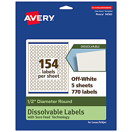 Avery® Print-to-the-Edge Dissolvable Labels With Sure Feed® Technology, 94503-DWMP5, Round, 1/2", Matte Off-White, Pack Of 770