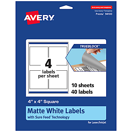 Avery® TrueBlock® Labels With Sure Feed®, 94100-TWMP10, Square, 4" x 4", Matte White, Pack Of 40