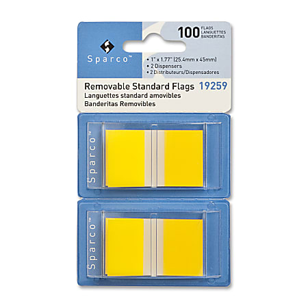 Sparco Removable Standard Flags In Pop-Up Dispenser, 1 3/4" x 1", Yellow, Pack Of 100