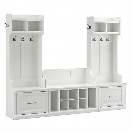 kathy ireland® Home by Bush Furniture Woodland Entryway Storage Set With Hall Trees And Shoe Bench With Drawers, White Ash, Standard Delivery