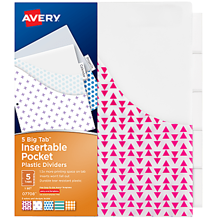 Avery® Big Tab™ Insertable Plastic Dividers With Pockets, 9 1/4" x 11 1/8", 5-Tab, Multicolor, 1 Set