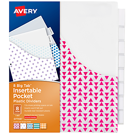 Avery® Dividers for 3 Ring Binders, 8-Tab Binder Dividers, Plastic Binder Dividers with Pockets,  1 Set (07709)