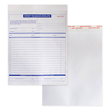 Patient Valuables Form and Heavy Duty Paper Envelope,