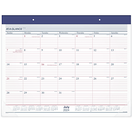 2024-2025 AT-A-GLANCE® Academic Standard Monthly Desk Pad Calendar, 21-3/4" x 17", Blue/Red, July to June