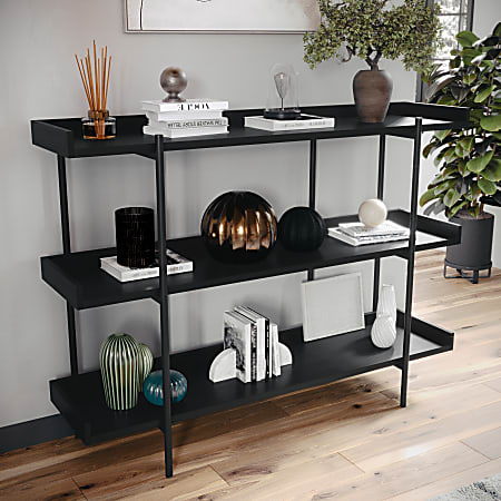 Martha Stewart Emmett 37"H 3-Shelf Storage Display Unit Bookcase With Metal Frame, Black Wood Grain/Oil Rubbed Bronze