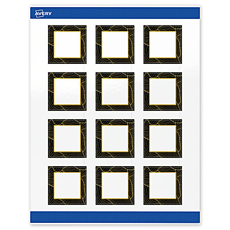 Avery® Printable Labels With Sure Feed® Technology, S00-ETE, Square, 2" x 2", Glossy White With Preprinted Black/Gold Vein Border, Pack Of 120