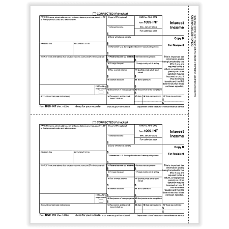ComplyRight® 1099-INT Tax Forms, 2-Up, Recipient Copy B, 8-1/2" x 11", Pack Of 100 Forms