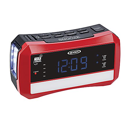 Jensen Digital AM/FM Weather Alarm Clock Radio With Weather Alert, Emergency Light And Flashlight, 3.54"H x 6.5"W x 2.36"D, Red