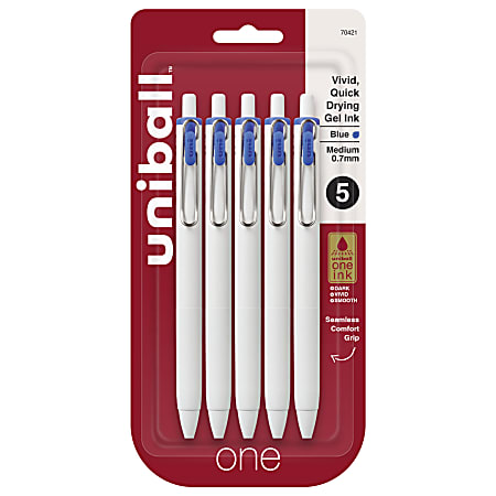 Uni-Ball® One Retractable Gel Pens, Medium Point, 0.7 mm, White Barrel, Blue Ink, Pack Of 5 Pens