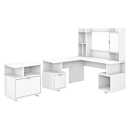kathy ireland® Home by Bush Furniture Madison Avenue 60"W L-Shaped Desk With Hutch And Lateral File Cabinet, Pure White, Standard Delivery