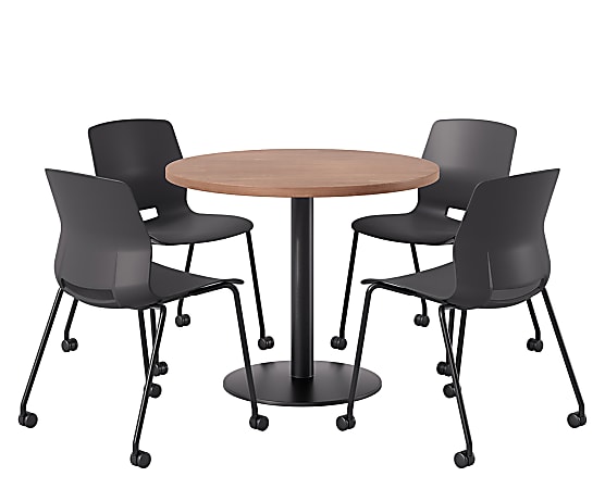 KFI Studios Proof Cafe Round Pedestal Table With Imme Caster Chairs, Includes 4 Chairs, 29”H x 36”W x 36”D, River Cherry Top/Black Base/Black Chairs