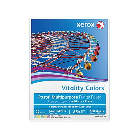 Xerox® Vitality Colors™ Pastel Plus Color Multi-Use Printer & Copy Paper, Assorted, Letter (8.5" x 11"), 500 Sheets Per Ream, 24 Lb, 30% Recycled
