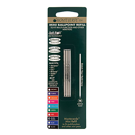 Monteverde® Mini Ballpoint Pen Refills, Medium Point, 0.7 mm, Blue/Black Ink, Pack Of 4