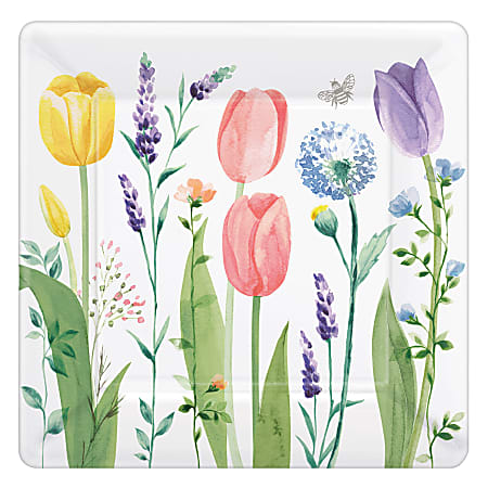 Amscan Spring Tulip Garden 10" Square Paper Plates, Multicolor, 8 Plates Per Pack, Set Of 3 Packs