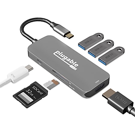 Plugable USB-C Hub 7-in-1, Compatible with Mac, Windows, Chromebook, USB4, Thunderbolt 4, and More - (4K HDMI, 3 USB 3.0, SD & microSD Card Reader, 100W Charging)