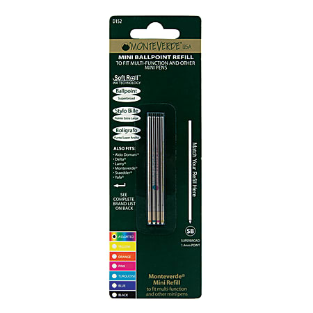 Monteverde® Mini Ballpoint Pen Refills, Super Broad Point, 1.4 mm, Assorted Ink Colors, Pack Of 4