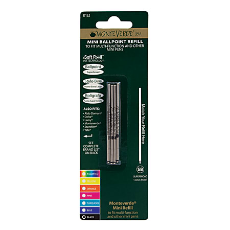 Monteverde® Mini Ballpoint Pen Refills, Super Broad Point, 1.4 mm, Black Ink, Pack Of 4