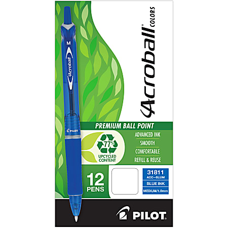 Pilot® Acroball Colors Retractable Advanced Ink Pens, Medium Point, 1.0mm, Blue Barrel, Blue Ink, Pack of 12 Pens