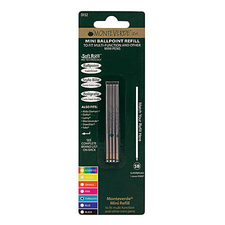 Monteverde® Mini Ballpoint Pen Refills, Super Broad Point, 1.4 mm, Turquoise Ink, Pack Of 4