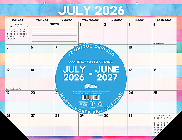 2026-2027 Willow Creek Press Academic Monthly Desk Pad Calendar, 17" x 22", Watercolor Stripe, July To June, Total Qty 1