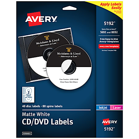 Avery® Printable CD Labels, 5192, Round, Matte White, 4.65", Pack Of 40