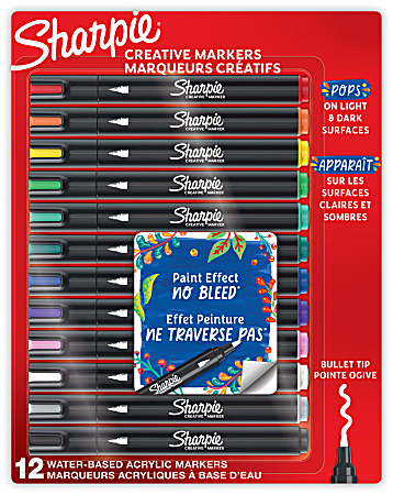 Sharpie® Creative Markers, Water-Based Acrylic Markers, Bullet Tip, Assorted Core Colors, 12 Count