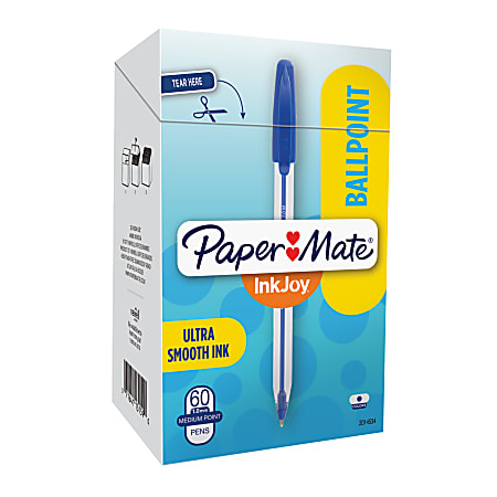 Paper Mate® InkJoy 50ST Stick Ballpoint Pens, Medium Point, 1.0 mm, Clear Barrels, Blue Ink, Box of 60