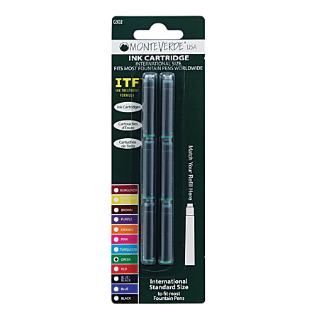 Monteverde® Standard-Size Fountain Pen Ink Cartridge Refills, Green, Pack Of 6 Refills