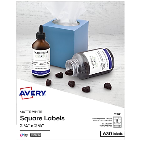 Avery® Permanent Inkjet/Laser Diskette Labels, 5196, 3 1/2