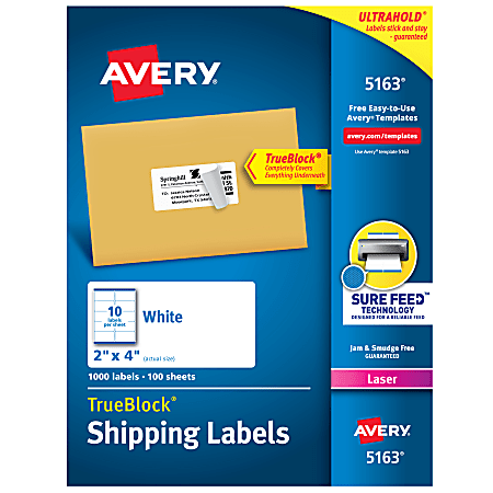 Avery® TrueBlock® Shipping Labels With Sure Feed® Technology, 5163, Rectangle, 2" x 4", White, Pack Of 1,000