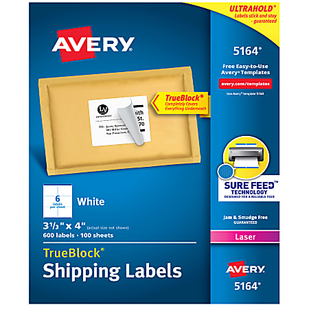 Avery® TrueBlock® Shipping Labels With Sure Feed® Technology, 5164, Rectangle, 3 1/3" x 4", White, Pack Of 600