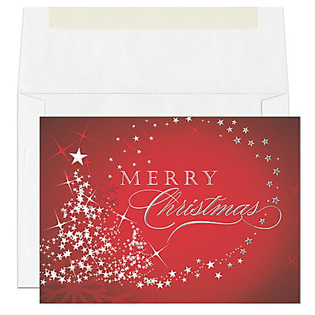 Custom Embellished Holiday Cards And Foil Envelopes, 7-7/8" x 5-5/8", Starry Tree Merry Xmas, Box Of 25 Cards