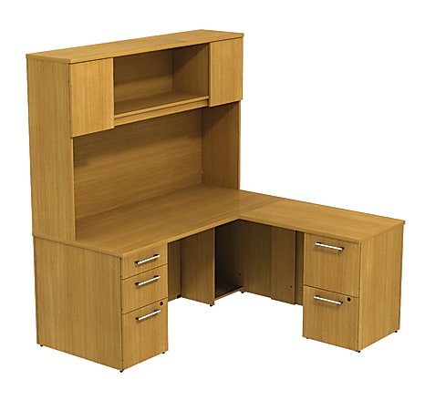 BBF 300 Series L-Shaped Desk With Overhead Storage, 72 3/10"H x 65 3/5"W x 65 3/10"D, Modern Cherry, Premium Installation Service
