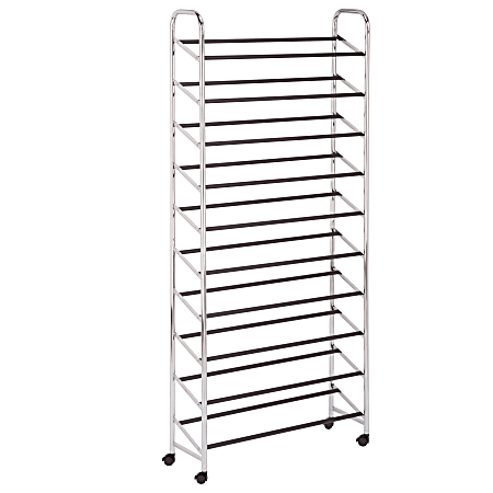 Honey-can-do Chrome Rolling Shoe Tower - 100 x Shoes - 10 Tier(s) - 53" Height x 36.5" Width14.5" Length - Floor - Durable, Caster - Silver - Steel