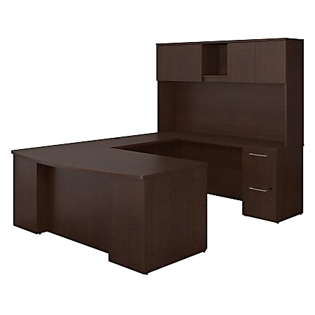 Bush Business Furniture 300 Series Bow Front U Shaped Desk With Hutch And 2 Pedestals, 72"W x 36"D, Mocha Cherry, Premium Installation