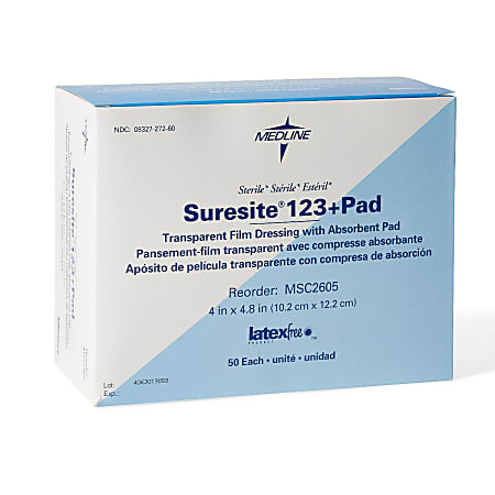 Medline Suresite® 123+Pad Transparent Dressings, 4" x 4 13/16", Clear, Pack Of 50