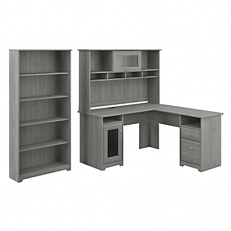 Bush Business Furniture Cabot 60"W L-Shaped Corner Desk With Hutch And 5-Shelf Bookcase, Modern Gray, Standard Delivery