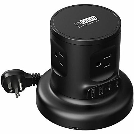Uncaged Ergonomics Wireless Retractable Power Strip | Auto Cord Management + Wireless Charger - 4 x AC Power, 2 x USB Type A, 2 x USB Type C - 6 ft Cord - 1625 W - Cube, Desktop, Floor-mountable - Black