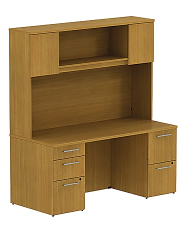 BBF 300 Series Double-Pedestal Desk With Enclosed Storage, 72 3/10"H x 65 3/5"W x 29 3/5"D, Modern Cherry, Premium Installation Service